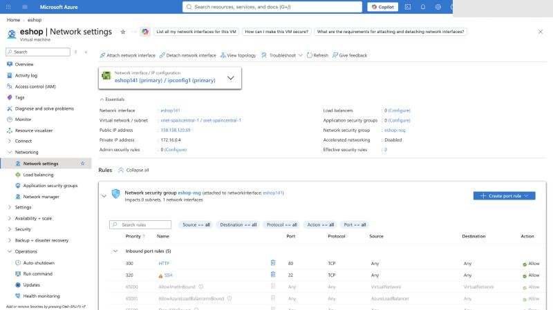 Network settings με κανόνες HTTP και SSH